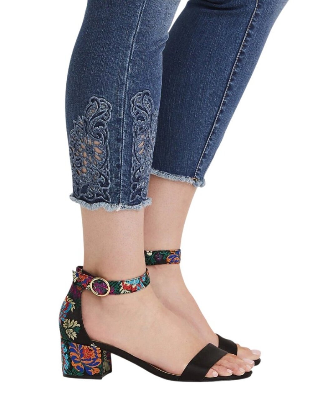 Torrid Black Block Heel Colorful Embroidered Heel and Strap Sandal Size 9W